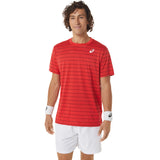 Asics Men's Court Stripe Short Sleeve Top (Red) - RacquetGuys.ca